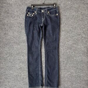 True Religion Jeans Straight Leg Dark Wash Denim‎ White Stitch Womens 28 (31x33)